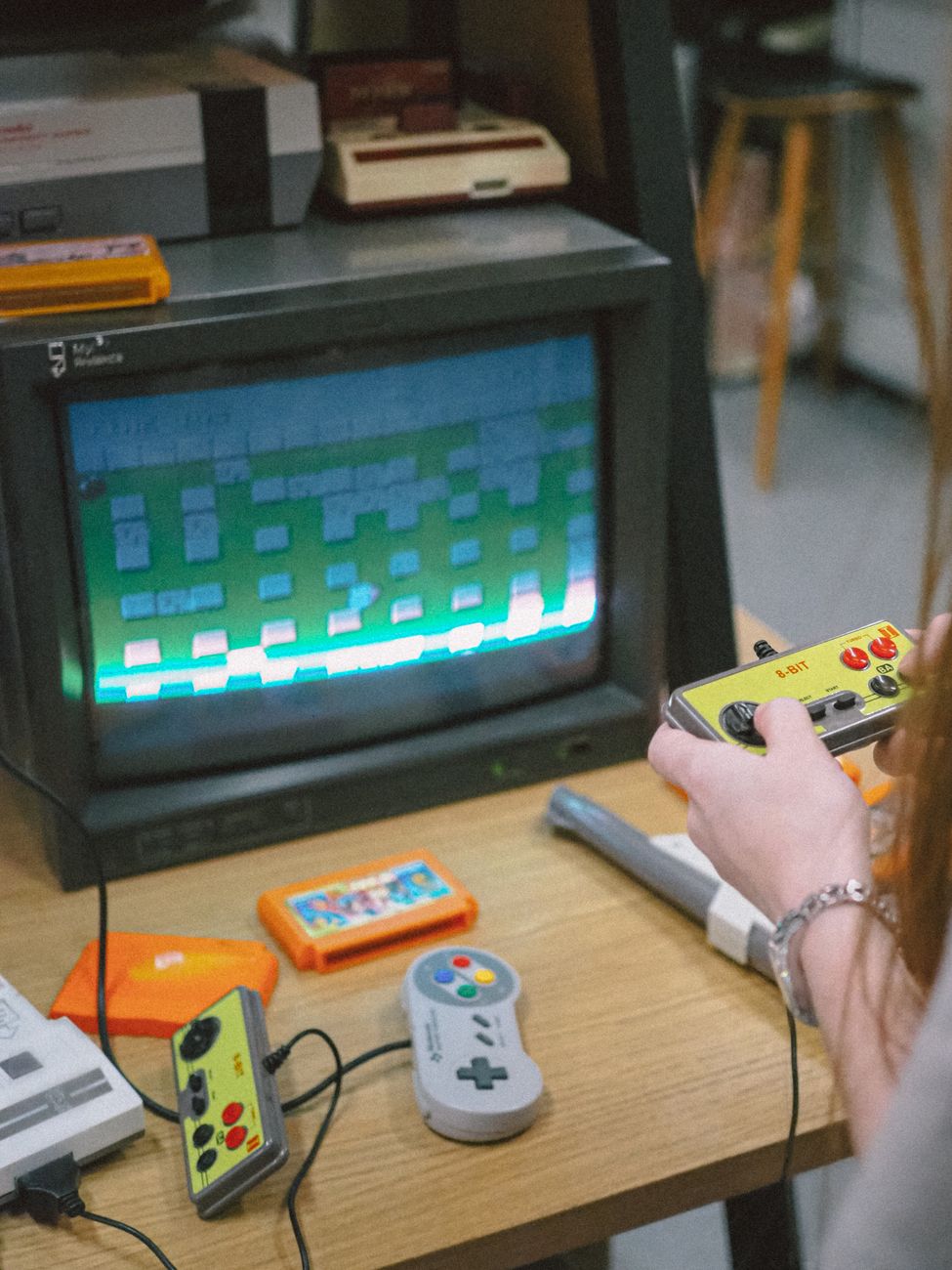 A retro gaming console glowing screen