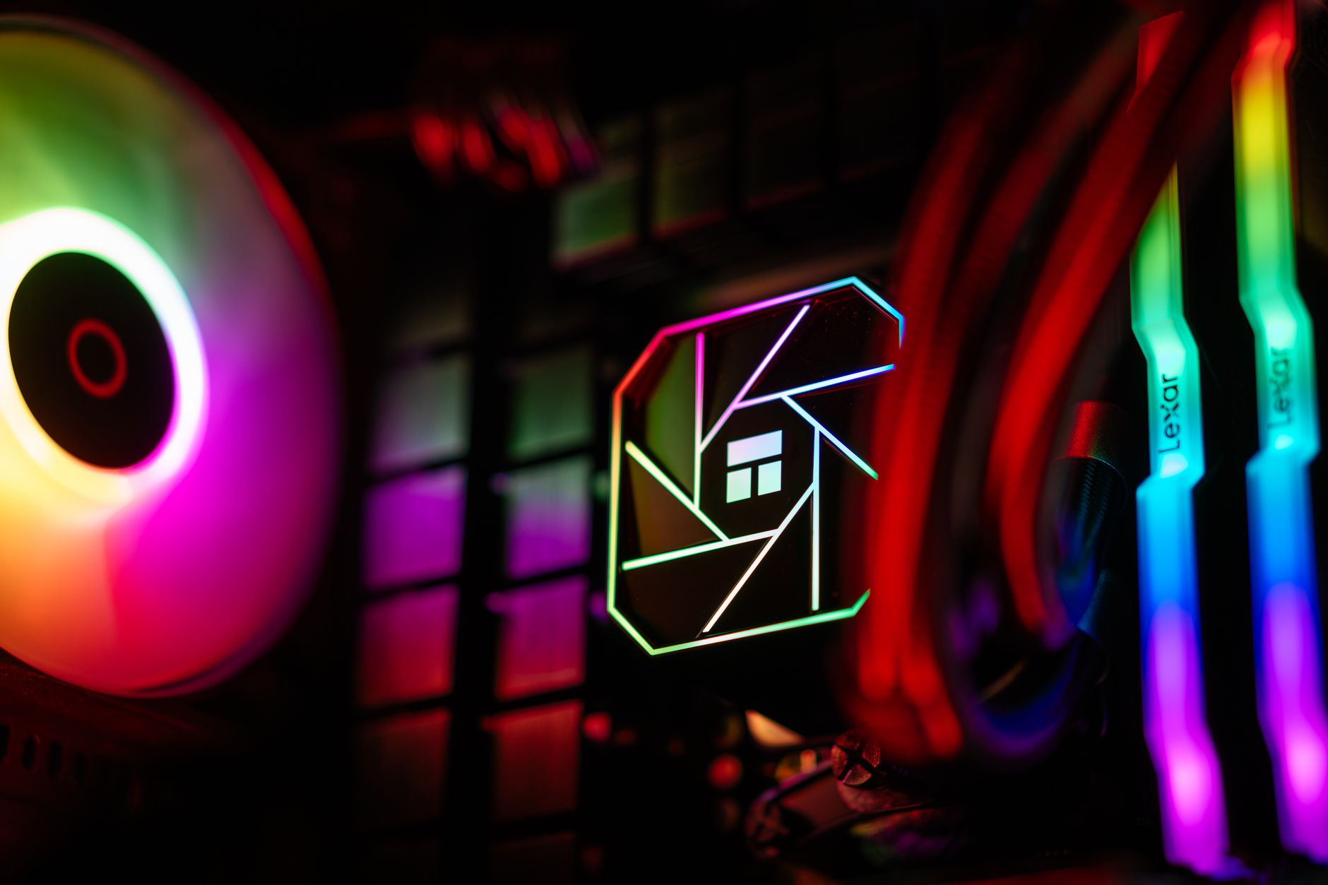 Close up on custom built PC with cooling unit